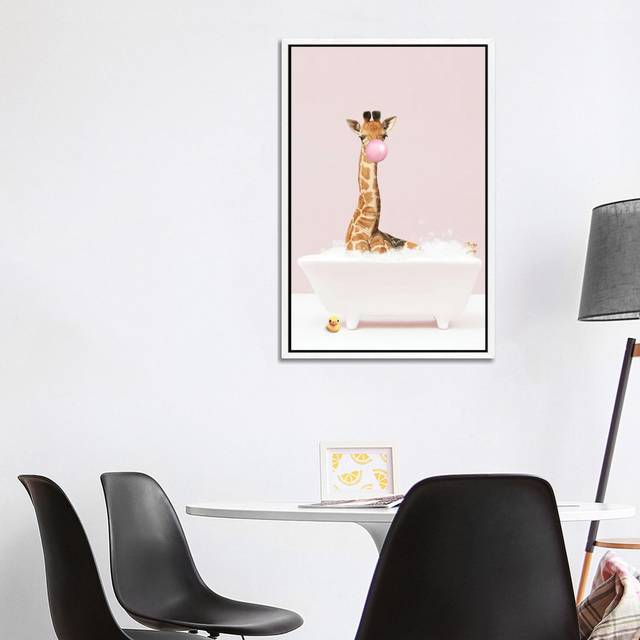 Baby Giraffe With Bubblegum In Bathtub - White Framed (101.6cm H x 66.04cm W x 3.81cm D)