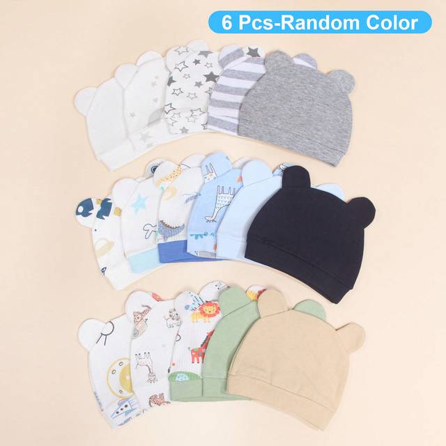 SHEIN 6pcs/Set Random Newborn Baby Boy 0-3M Solid Color & Printed Earflap Warm Beanie Hats, Cute Everyday Infant Accessories