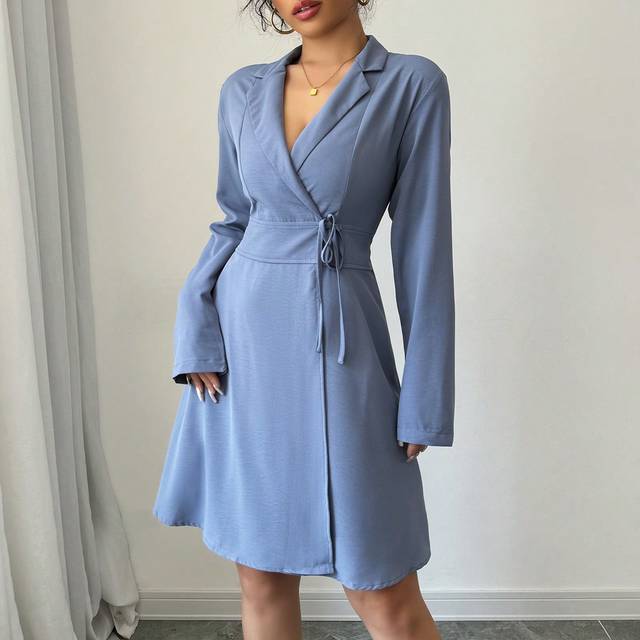 Rafferiza Women Solid Color Lapel Collar Long Sleeve Side Tie Waist Casual Work Dress, Autumn