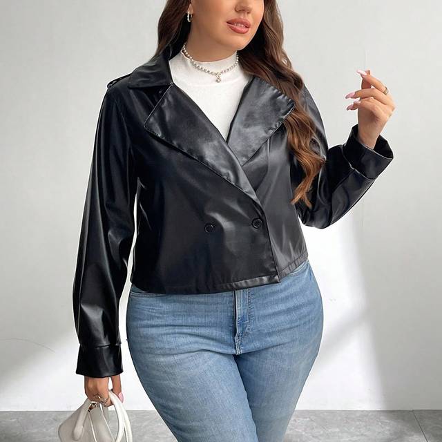 PrivÃ©a Casual Motorcycle Lapel Front Button Short Leather Jacket, Elegant Plus Size Women Long Sleeve Outerwear Daily Stylish