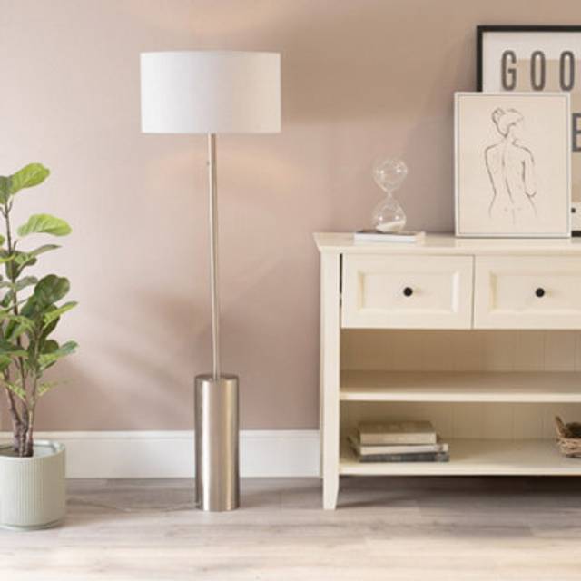 Lexy Brushed Chrome Rotary Dimmer Switch Floor Lamp with Grey Drum Shade