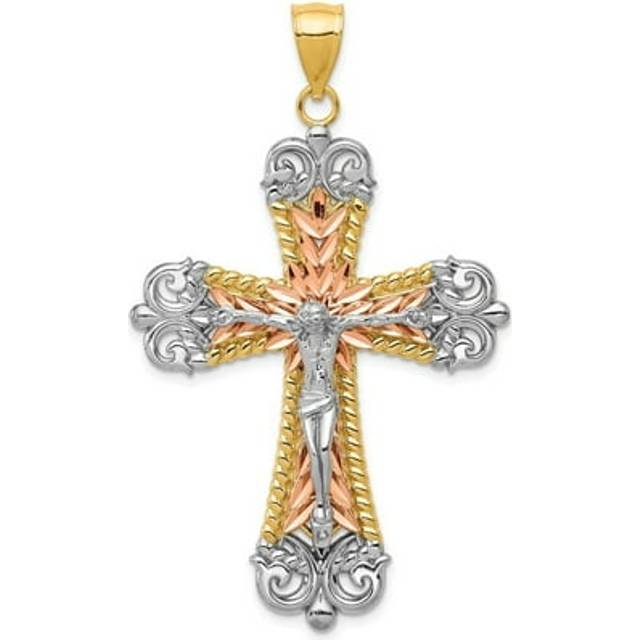 Quality Gold D3653 14K Tri-Color with White Rhodium Crucifix Cross Pendant