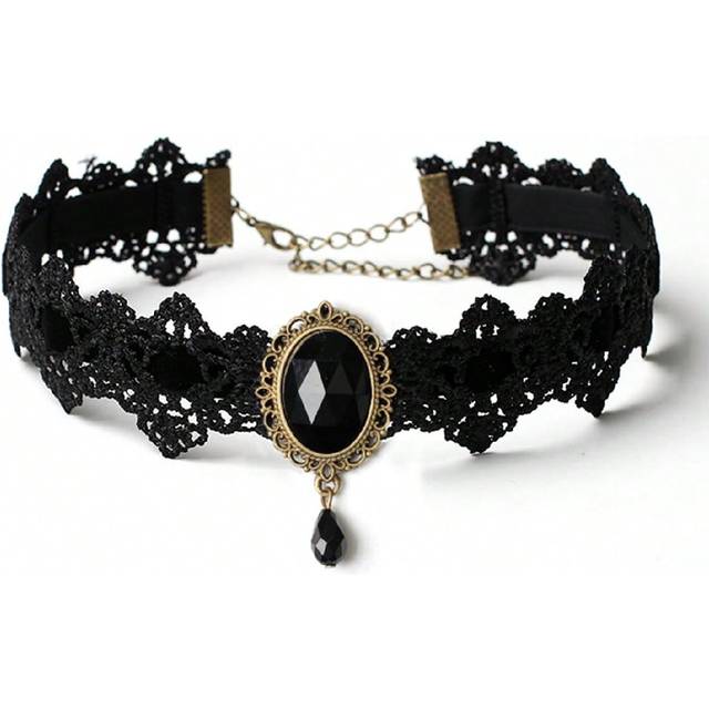 SHEIN Vintage Gothic Style Gem Inlaid Black Lace Choker Necklace, Unique Charm Fashion Accessory For Women