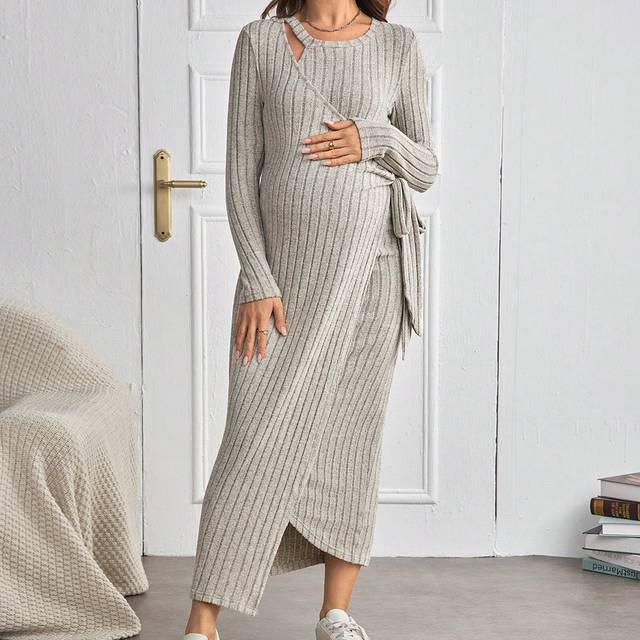 SHEIN Maternity Asymmetrical Neck Long Sleeve Knit Tie-Front Fitted Dress For Formal Occasions, Autumn