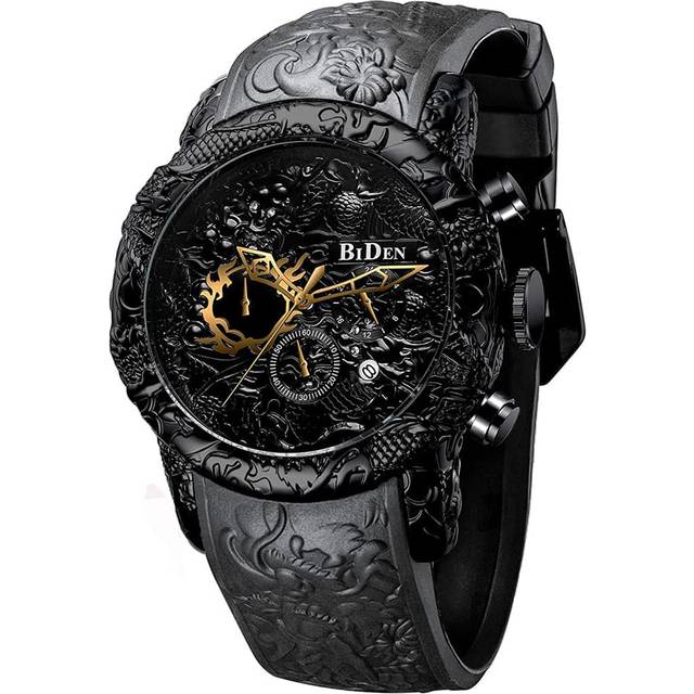 BIDEN Biden Watch Men&#39;s Large Dial Watch Chronograph 3D Carved Dragon Waterproof Sports Quartz Watch Elegant Men&#39;s Gift, Silicone Strap+Box