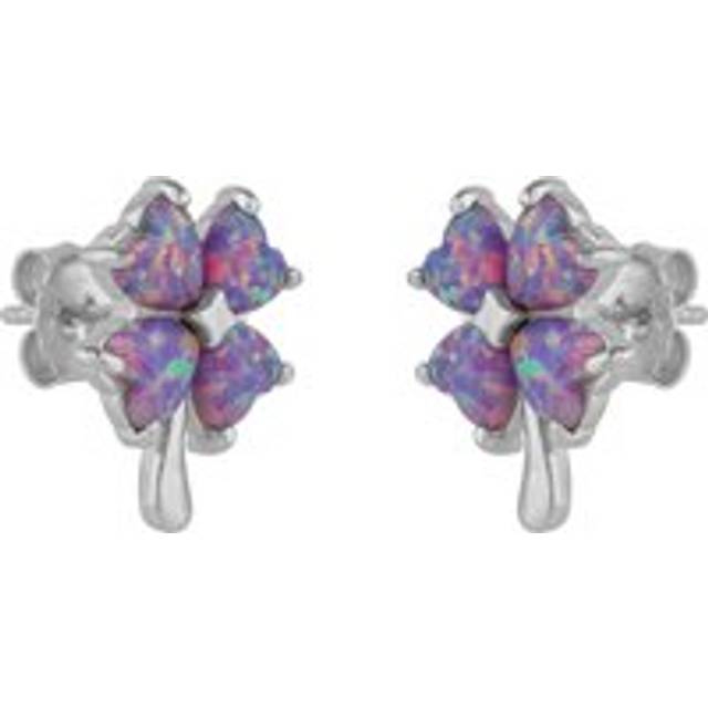 Womens Pink Purple Opal Four Leaves Clover Sterling Silver Stud Earrings - Grey - One Size