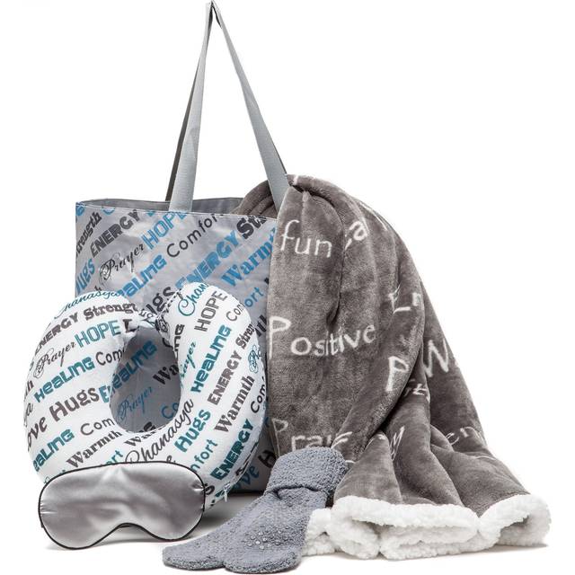Chanasya Premium Care Gift Package - Throw Blanket  Neck Pillow  Eye Mask  Tote Bag  Socks - 50  x 65  - 5-Piece Set  Gray