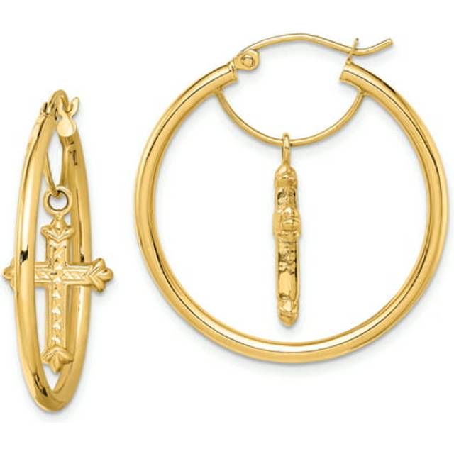 Quality Gold TF1514 14K with D-C Cross Dangle Hoop Earrings