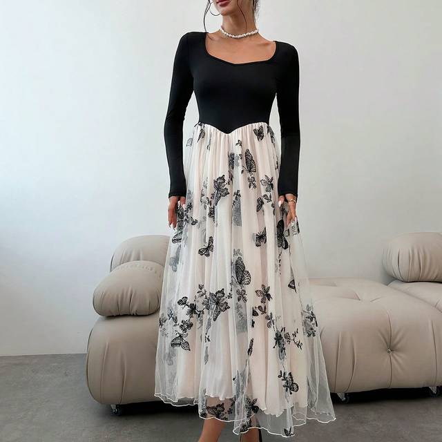 SHEIN Elegant Romantic Date Night Party Sophisticated Retro High Collar Long Sleeve Butterfly Net Mesh Contrast A-Line Midi Dress, Autumn