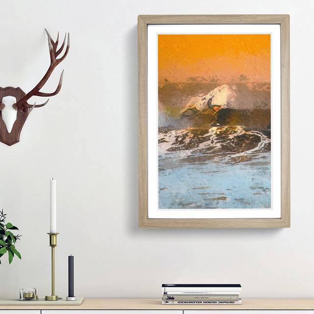 Surfing as the Sun Sets - Picture Frame Painting Print - Oak Framed (48cm H x 36cm W x 2cm D)