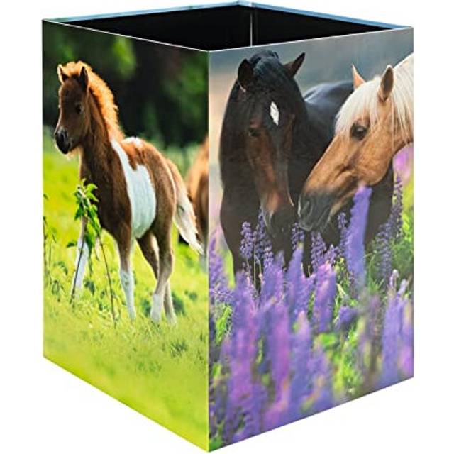 19741 Horses Waste Paper Bin 15 Litre Foldable Sturdy Cardboard Slim Trash Bin for Girls Boys Rectangular Waste Paper Bin for Nursery Bedroom Study