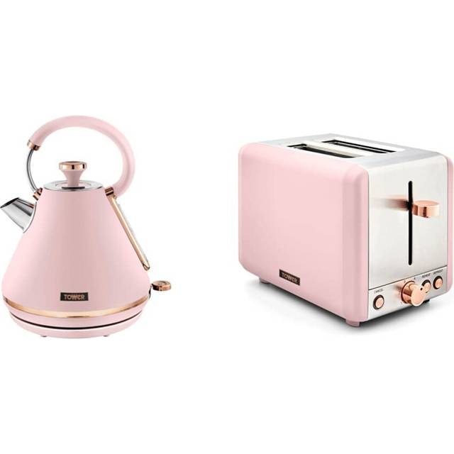 T10044PNK Cavaletto 1.7 Litre Pyramid Kettle with Rapid Boil, Marshmallow Pink and Rose Gold & T20036PNK Cavaletto 2-Slice Toaster with Defrost/Reheat