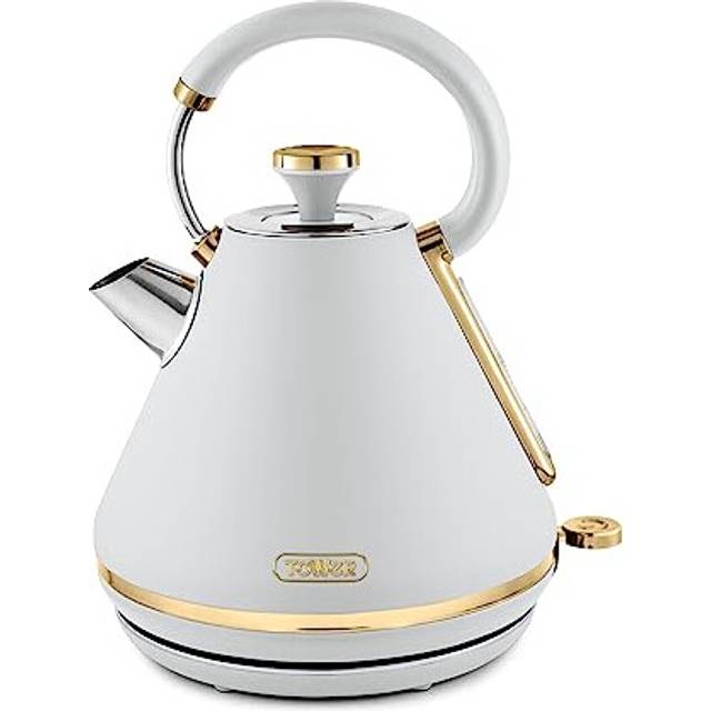 Tower T10044WHT Cavaletto Pyramid Kettle with Fast Boil, Detachable Filter, 1,7L, 3000W, Optic White and Champagne Gold
