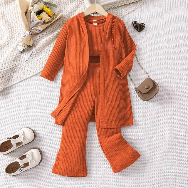 SHEIN Young Girl 3pcs Set: Ribbed Tank Top + Long Sleeve Cardigan + Flared Pants, Casual Outfit