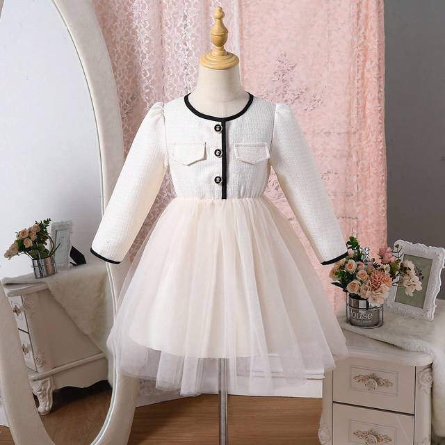 SHEIN Young Girl&#39;s Fashion Tweed Fabric Color Block Lace-Up & Metal Button Detail Mesh Hem Dress