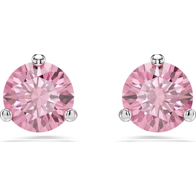 Solitaire stud earrings, Round cut, Pink, Rhodium plated - OS