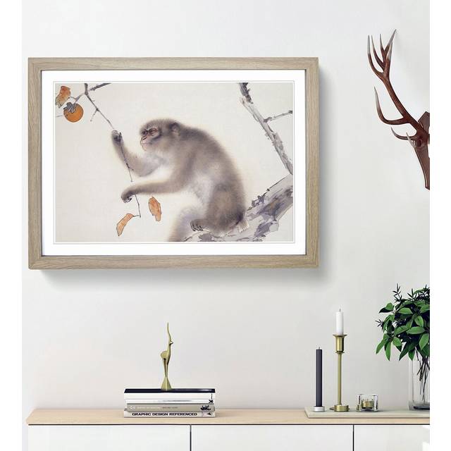 A Monkey by Kansetsu Hashimoto - Picture Frame Painting Print on Paper - Oak Framed (45cm H x 63cm W x 2cm D)