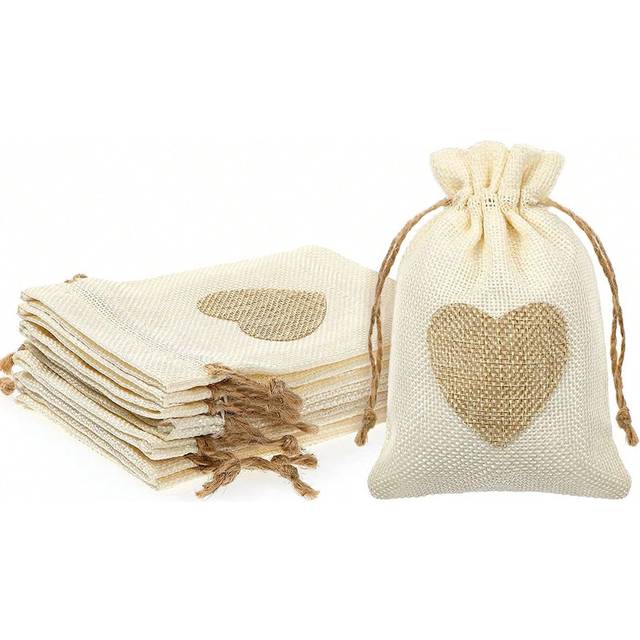 SHEIN 10pcs-Burlap Bags, Heart Print Drawstring Linen Gift Bag, Mini Gift Bag Jewelry Drawstring Burlap Bag, Perfect For Wedding, Bridesmaids Gift Bag, Part