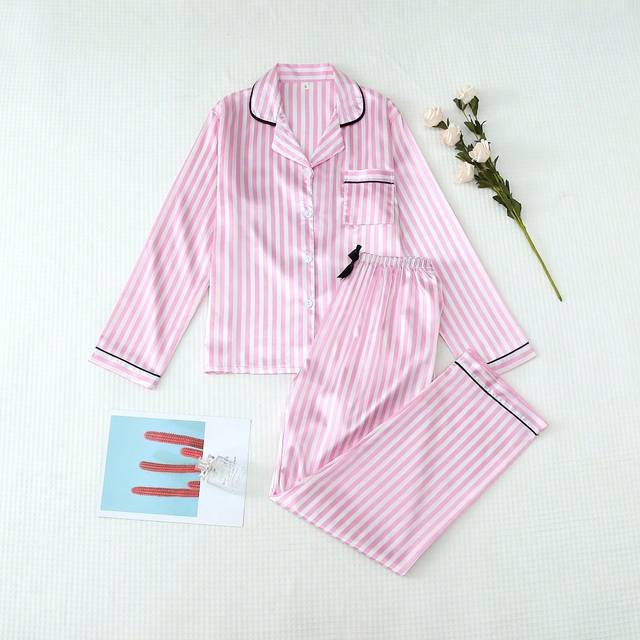 SHEIN 2pcs Women Satin Pajama Set, Long Sleeve Collar Top And Striped Bow Pants, Fall/Winter Loungewear, Two Pieces Set