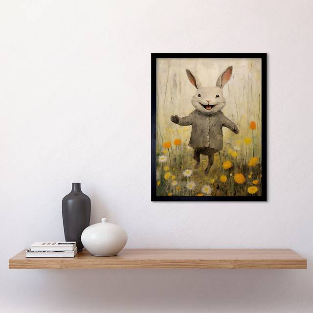 Raincoat Rabbit Happy Bunny Flower Meadow - Single Picture Frame Art Prints (43.3cm H X 33.3cm W)