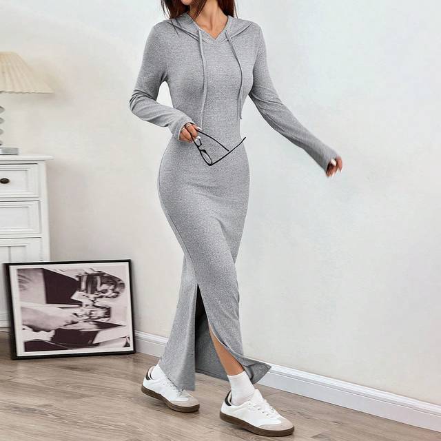SHEIN Women&#39;s Autumn/Winter Hooded Drawstring Slim Fit Long Sleeve Knit Bodycon Dress