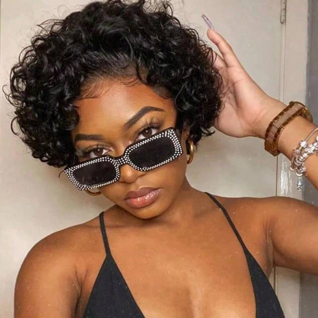 SHEIN Curly Pixie Cut Wig Human Hair 6 Inch Short Curly Lace Front Wigs Human Hair 13x1 Pixie Cut Water  Wave  Lace Short Curly Wigs For Black Women150%