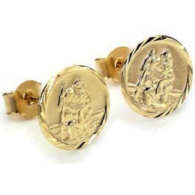 9ct Gold Diamond Cut St Christopher Medal Stud Earrings / Studs / Earring