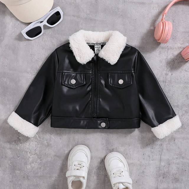SHEIN Baby Girls&#39; Thick Fluffy Collar PU Leather Short Jacket Coat, Warm Winter Outwear