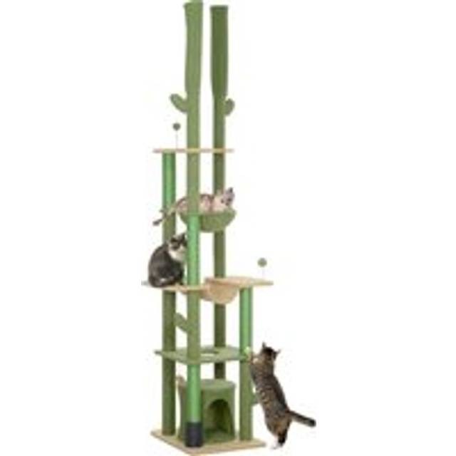 PawHut 225-255cm Height Adjustable Floor to Ceiling Cat Tree, Tall Cat Tower for Indoor Cats w/ Scratching Posts - Green Aosom UK