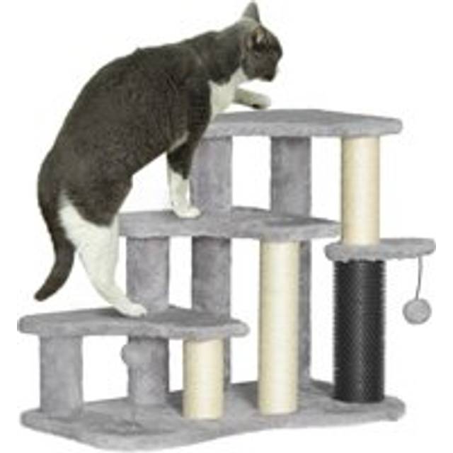 PawHut Pet Stairs w/ Scratching Tickling Post, Cat Tree 2 in 1 with 2 Toy Balls, Suitable for Cats under 5kg for Bed, Sofa, Light Grey Aosom UK