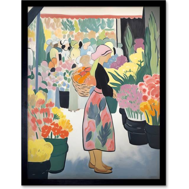 Meghna Danish Pastel Aesthetic Flower Market Woman - Single Picture Frame Art Prints - Multicolour (43.3cm H X 33.3cm W)