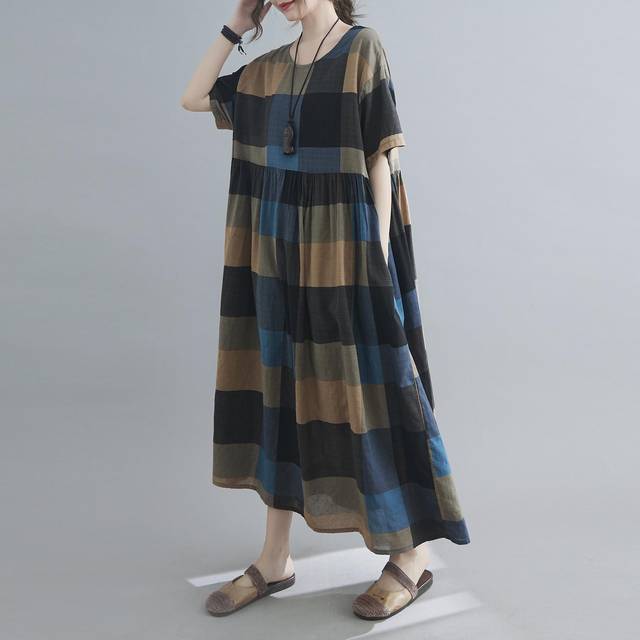 Women Cotton and Linen Dress Vintage Plaid Print O Neck Half Sleeves Side Pockets Robes Casual One Size coffee