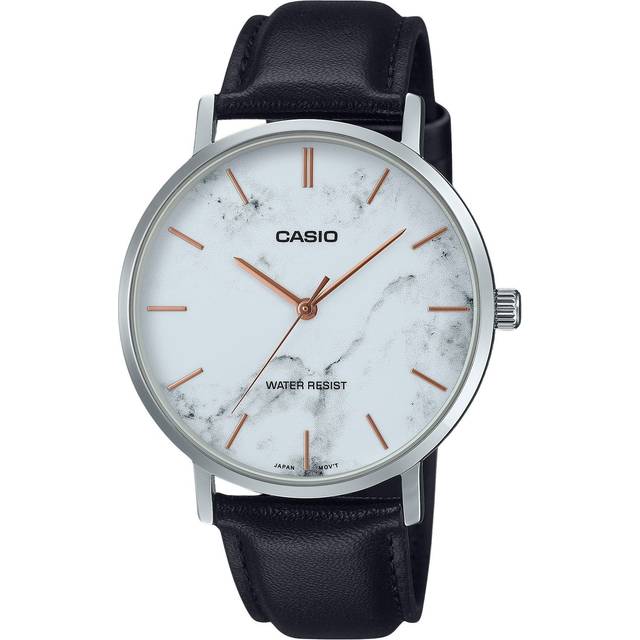 Casio Standard Analog Black Leather Strap Marble Inspired White Dial Quartz MTP-VT01LM-7A Men&#39;s Watch