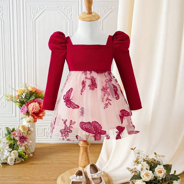 SHEIN 1pc Baby Girls Cute Fashion Knit Patchwork Net Yarn Embroidered Long Sleeve Christmas Dress, Party Outfit