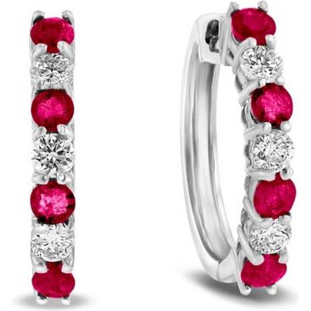 1.15 CTW Diamond & Ruby Hoop Earrings, 14K White Gold