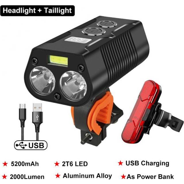 (a-T6 Set C) 5200mAh Bicycle Light MTB Lamp Bicycle Lantern Road Bike Light With Power Bank USB Rechargeable Lamp 2000LM Bike Accessories