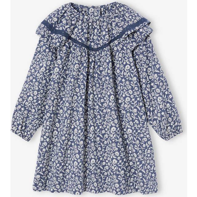 Floral Print Dress with Ruffled Collar, for Girls printed blue