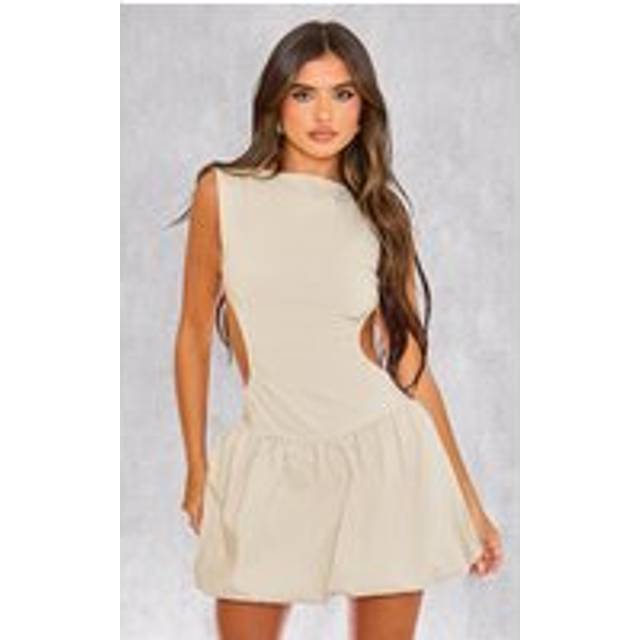 Stone Stretch Woven Cut Out Backless Shift Dress, White - 16