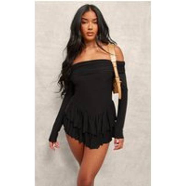 Black Slinky Long Sleeve Bardot Rara Skort Playsuit, Black - 6