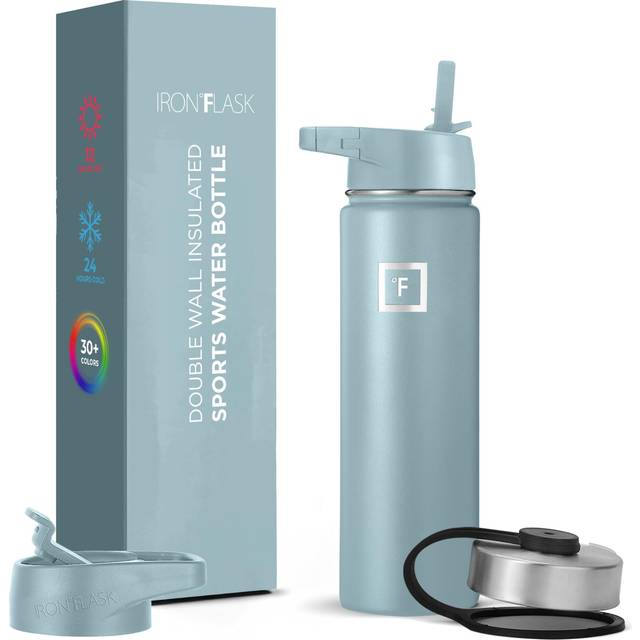 IRON FLASK Camping & Hiking Hydration Flask  Wide Mouth  Double Walled Stainless Steel Insulated Water Bottle (Straw - 22 oz  Elemental Gray)