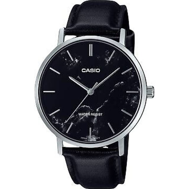 Casio Standard Analog Black Leather Strap Marble Inspired Black Dial Quartz MTP-VT01LM-1A Men&#39;s Watch