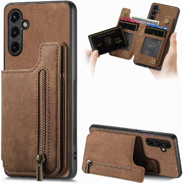 (Brown) Case for Samsung Galaxy A14 5g Vintage Zipper Wallet Stand Function Foldable Back Cover