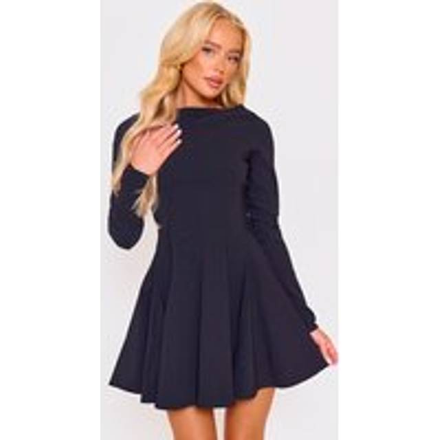 Black Stretch Woven Boat Neck Long Sleeve Pleated Shift Dress, Black - 8