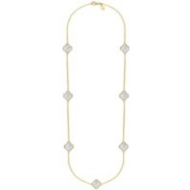 9ct Yellow Gold White Mother of Pearl Bloom Four Leaf Clover Ball Edge Long Necklace