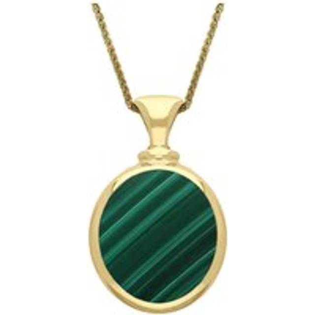 18ct Yellow Gold Whitby Jet Malachite Small Double Sided Oval Fob Necklace - Yellow Gold