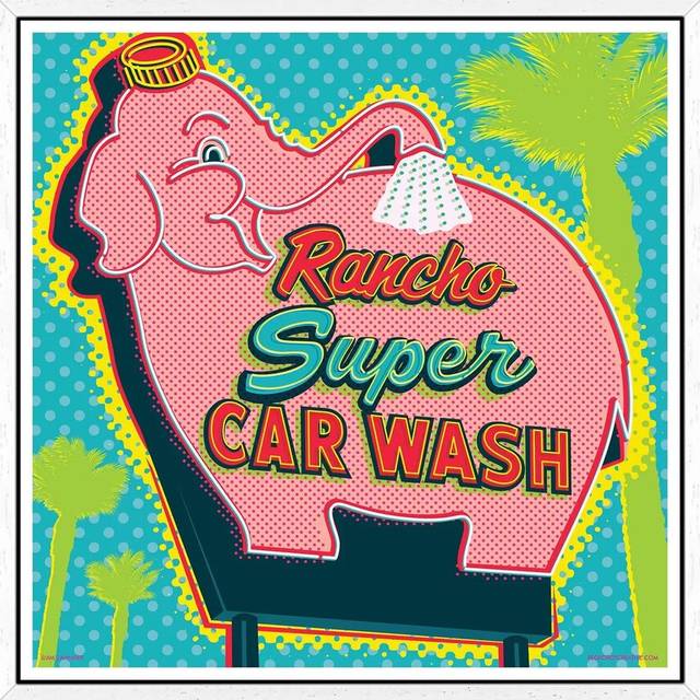 Elephant Car Wash Rancho - Print on Canvas - White Framed (45.72 cm H x 45.72 cm W)