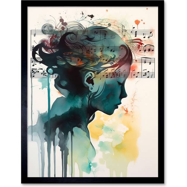 Music On My Mind Singing In My Head Modern Portrait Watercolour Illustration Art Print Framed Poster Wall Decor 12X16 Inch - Multicoloured (43.3cm H X 33.3cm W)