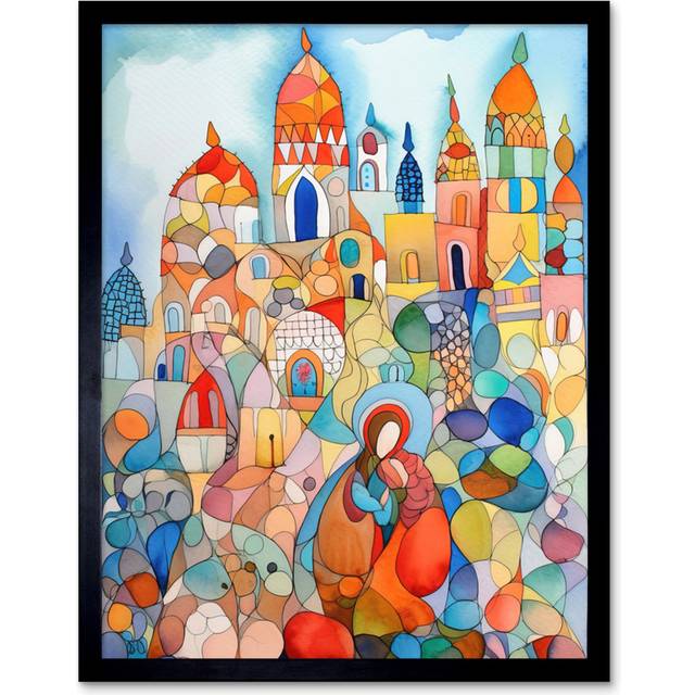 Abstract Moroccan Cityscape Folk Art Artwork Framed Wall Art Print 9X7 Inch - Multicoloured (25.9cm H X 20.6cm W)