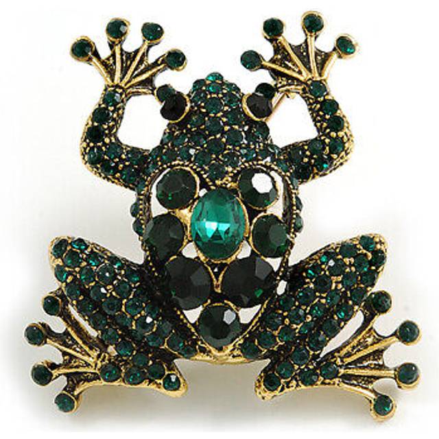 Vintage inspired dark green crystal frog brooch in aged gold tone - 50mm tall