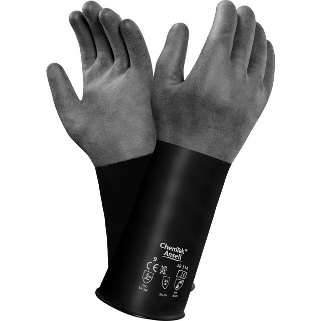 Ansell Alphatec 38-514 Kemiska skyddshandskar i butyl, maximalt skydd för syror och lösningsmedel, tungt industriellt arbete, utan latex, återanvändbar, svart, storlek S (1 par)